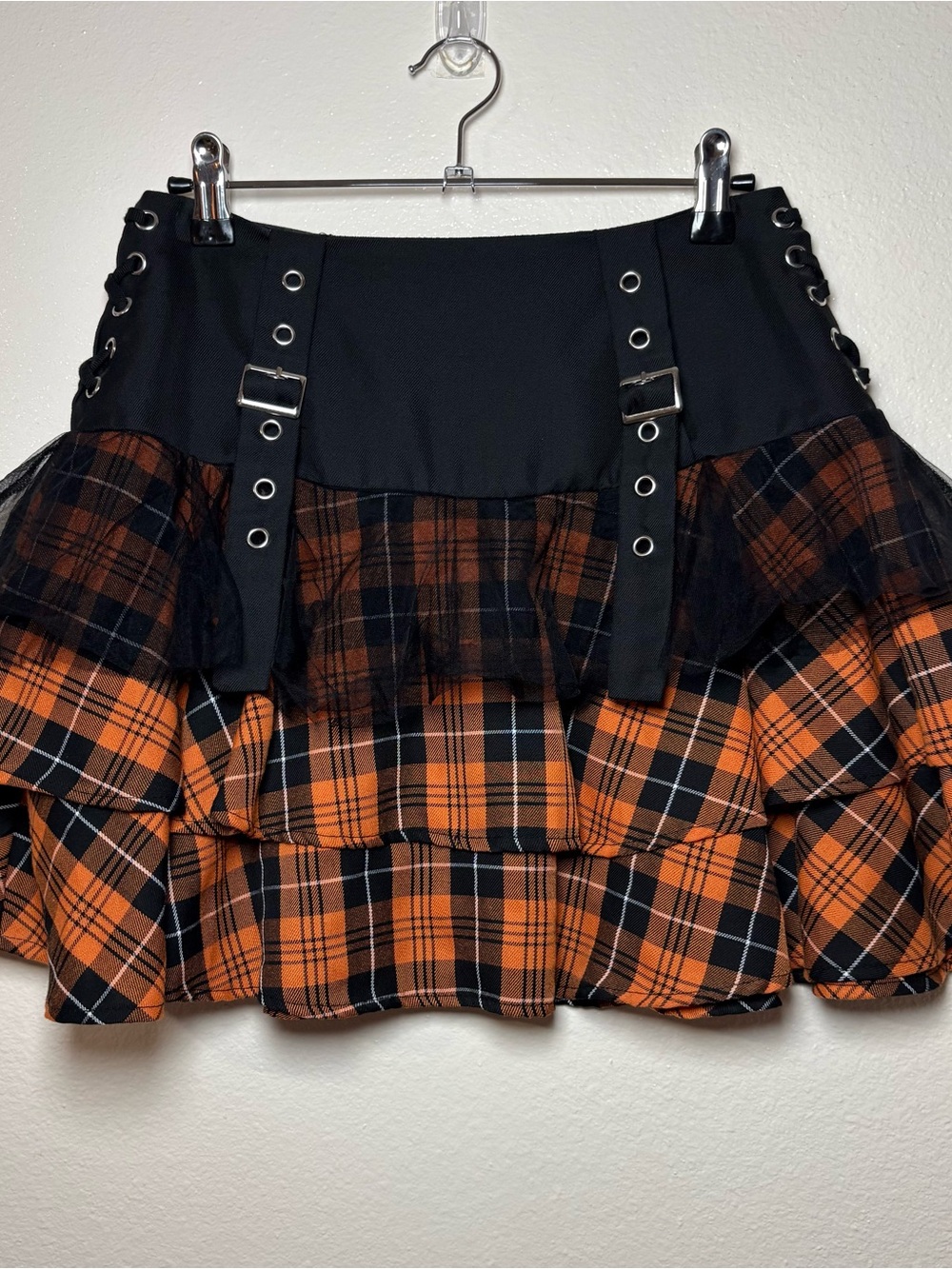 Hot Topic Black & Orange Plaid Tiered Buckle Tulle Mini Skirt Extra Small